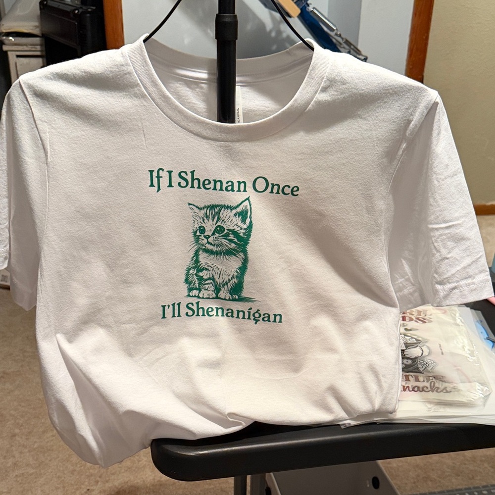 Bella Canvas White Short Sleeve Tee with Green Kitten Graphic